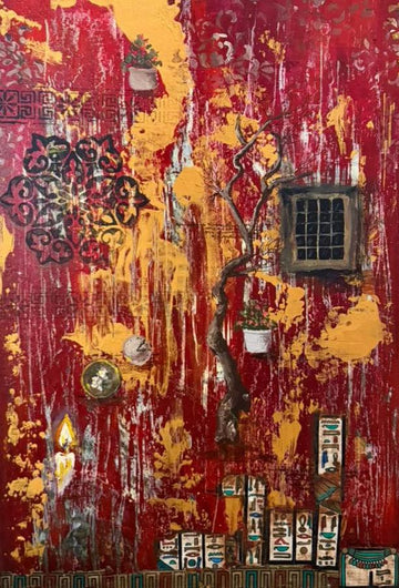 Echoes of Antiquity – Original Crimson & Gold Abstract Acrylic Painting
